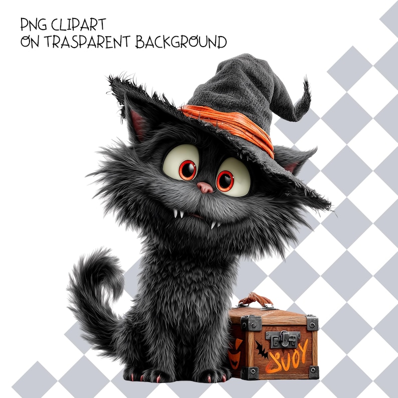 May include: A fluffy black cat with large red eyes and sharp white fangs wearing a black witch hat with an orange band. The cat sits next to a small wooden chest featuring a metal latch and orange painted text. The text reads PNG CLIPART ON TRASPARENT BACKGROUND.
