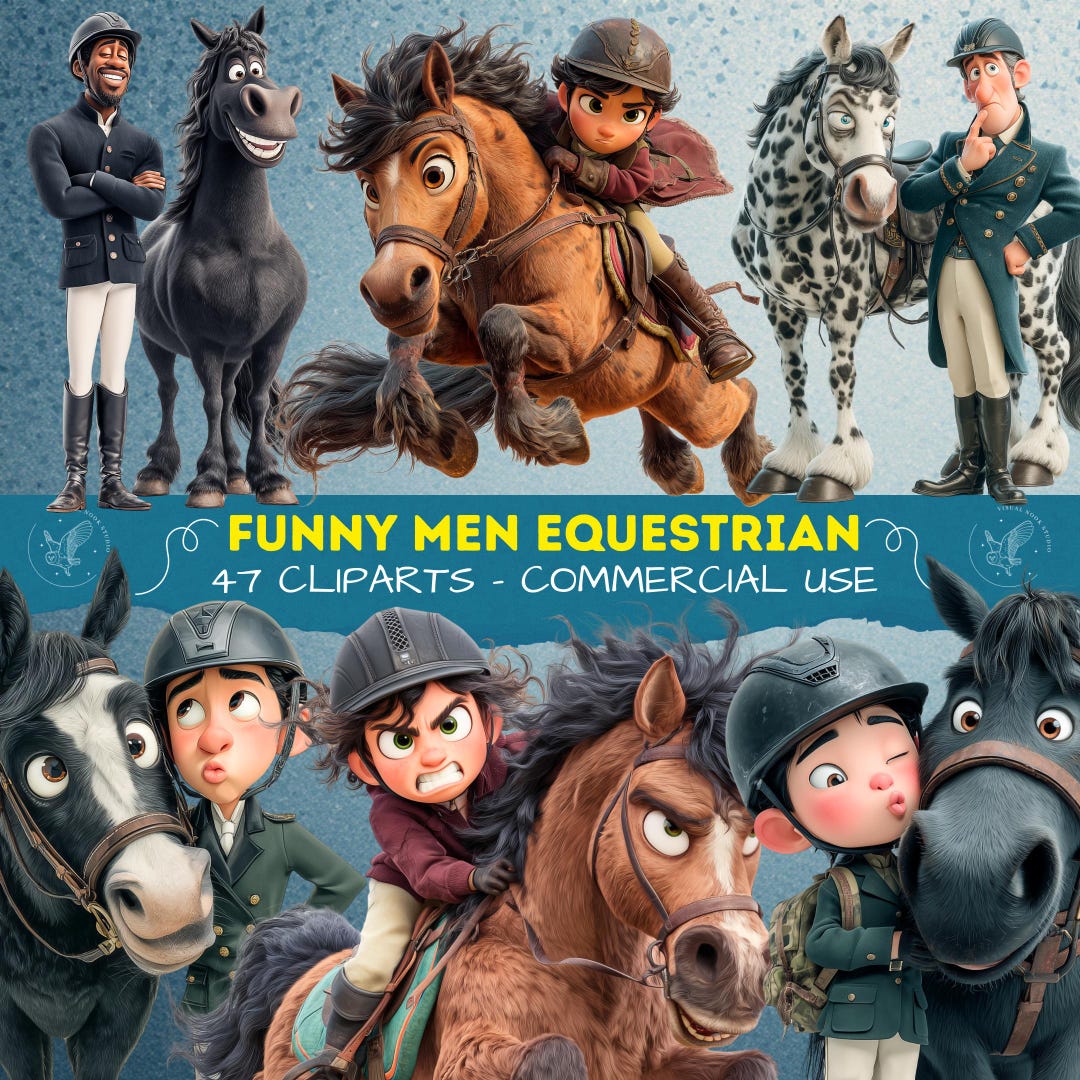 Funny Men Equestrian Clipart Set, Horse Riding Men PNG, Quirky Horse ...