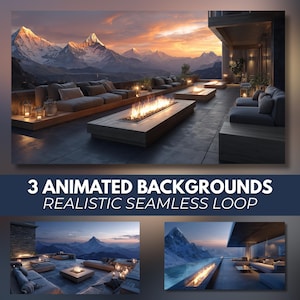 Könnte beinhalten: Eine malerische Außenszene mit Bergen bei Sonnenuntergang. Das Bild zeigt eine Terrasse mit Sofas, Feuerstellen und Laternen. Der Text auf dem Bild lautet "3 Animated Backgrounds Realistic Seamless Loop."