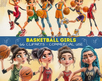 Basketball Girls Clipart, Female Athletes PNG, Digital Art for Planners, Cards, Posters, Stickers, Scrapbooking, Sport Cliparts