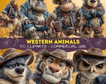 Funny Western Animal Cliparts - Anthropomorphic Creatures Decor – Cartoon PNG Images for Scrapbooking (Digital Download)