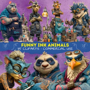 May include: A digital illustration featuring anthropomorphic animals with tattoos, wearing work clothes, and holding tools. The image includes a rat, goat, tiger, hedgehog, cat, panda, and eagle. Text at the bottom reads "FUNNY INK ANIMALS - 35 CLIPARTS - COMMERCIAL USE."