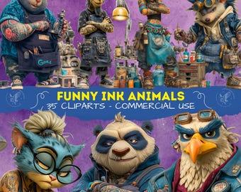 Funny Ink Animals, Anthropomorphic Tattoo Animals Art, Cartoon Animal Tattoo PNG, Cliparts Pet Commercial Use 300 Dpi