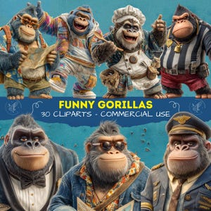 Puede incluir: Seis ilustraciones de gorilas de dibujos animados con diferentes atuendos. La imagen incluye el texto "FUNNY GORILLAS 30 CLIPARTS - COMMERCIAL USE". Los gorilas visten ropa variada, como un gorro de chef, un uniforme de piloto y ropa informal.