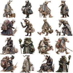 May include: A collection of whimsical, costumed figures with unique masks and attire. The characters are depicted in various poses, some carrying luggage or props, others with animal companions. The color palette is muted, with a focus on textures and details.