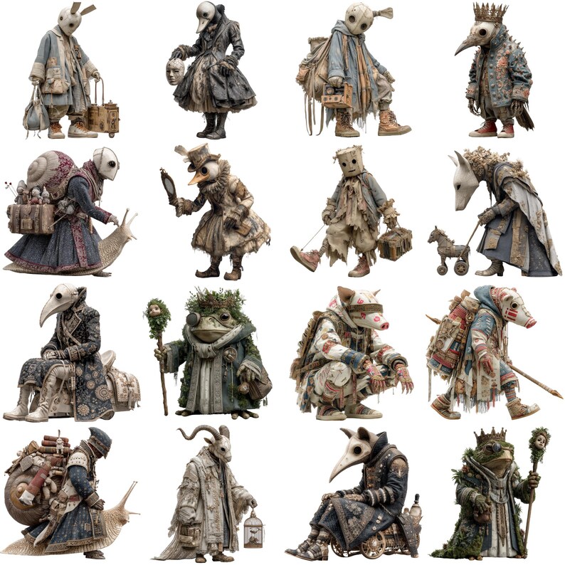 May include: A collection of whimsical, costumed figures with unique masks and attire. The characters are depicted in various poses, some carrying luggage or props, others with animal companions. The color palette is muted, with a focus on textures and details.