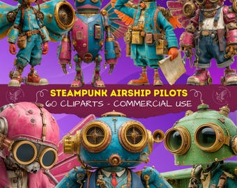 Steampunk Airship Pilots Clipart Bundle | Vintage Aviator Characters | Fantasy Steampunk Illustration Set | Victorian Steampunk Character