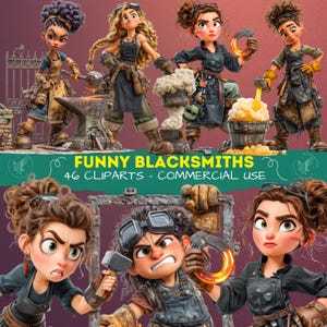 May include: A collection of cartoon blacksmiths in various poses, some holding tools like hammers and tongs, and others working with molten metal. The image includes the text "FUNNY BLACKSMITHS" and "46 CLIPARTS - COMMERCIAL USE".