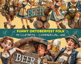 Clipart divertenti dell'Oktoberfest, personaggi divertenti della festa della birra, PNG di festa bavarese, clipart di persone dell'Oktoberfest per scrapbooking, adesivi
