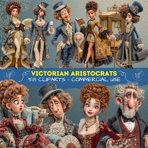 Op de afbeelding: Een verzameling cartoon illustraties van Victoriaanse aristocraten. De personages zijn gekleed in uitgebreide kleding uit die periode, met details zoals jassen, jurken, hoeden en accessoires. De afbeelding bevat de tekst "VICTORIAN ARISTOCRATS 58 CLIPARTS - COMMERCIAL USE."