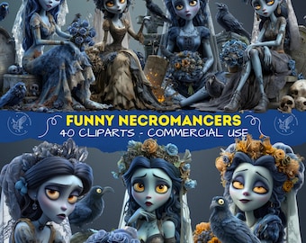 Necromancer Clipart Bundle, Cute Gothic Wizard PNG Set, Dark Fantasy Cartoon Art for Stickers, Sublimation, Crafts, Scrapbooking
