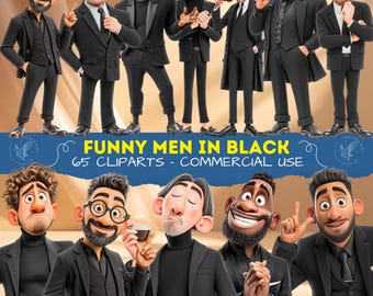 Funny Men in Black Clipart Bundle, Men in Black Inspired Cartoon PNGs, Cool Men in Black Style Characters, Quirky Man for Scrapbooking