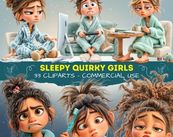 Clipart di ragazze stravaganti e assonnate, set di cartoni animati divertenti appena svegliate, persone 3D divertenti del mattino PNG
