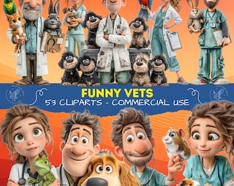 Funny Vets Clipart Collection, Cute Cartoon Veterinarians, Animal Doctor & Pet Care Illustrations, Scrapbboking Vet PNG Quirky