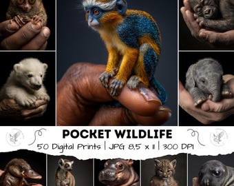 50 Tiny Animals in Hands Decor, Pop Animals Art Print, 300DPI Junk Journal Art, Wall Art Cute Realistic Animal Images JPG