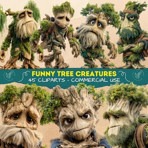 May include: A collection of whimsical tree creature clip art illustrations. The characters have expressive faces, with features like beards, eyebrows, and leafy hair. The text "FUNNY TREE CREATURES" and "45 CLIPARTS - COMMERCIAL USE" is displayed.