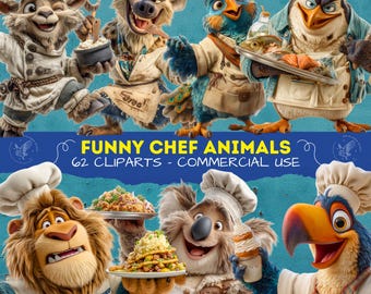 Funny Chef Animals Clipart, Cute Cartoon Animal Chefs, Cooking Animals PNG, Kitchen Image for Scrapbooking 300 Dpi Printable