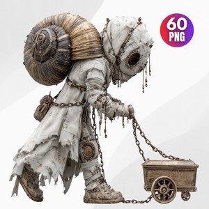 May include: A surreal digital artwork depicts a figure with a large snail shell on its back, wearing tattered white clothing and a mask. The figure pulls a small wooden cart on wheels, connected by a chain. The image includes a "60 PNG" graphic.