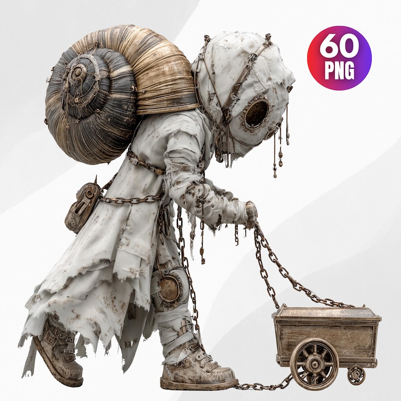 May include: A surreal digital artwork depicts a figure with a large snail shell on its back, wearing tattered white clothing and a mask. The figure pulls a small wooden cart on wheels, connected by a chain. The image includes a "60 PNG" graphic.