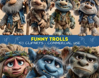 Clipart trollen, schattige en gekke trollenpersonages voor knutselen en scrapbooking, speelse fantasiepersonages png, 300 dpi