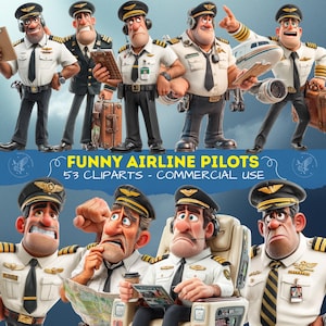 Pode incluir: Uma coleção de personagens de pilotos em estilo cartoon com camisas brancas, gravatas pretas e bonés, alguns segurando pranchetas, mapas ou sentados em assentos de cockpit. A imagem inclui o texto FUNNY AIRLINE PILOTS 53 CLIPARTS.