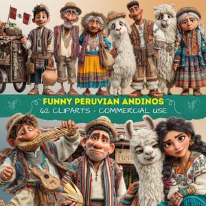 Op de afbeelding: Een verzameling digitale illustraties met geanimeerde personages in traditionele Andes-kleding, waaronder mannen, vrouwen en lama's. De tekst luidt FUNNY PERUVIAN ANDINOS 62 CLIPARTS - COMMERCIAL USE. De personages dragen kleurrijke vesten, hoeden en rokken.