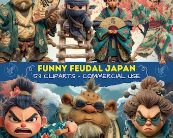 Feudal Japan Clipart | Samurai & Ninja Digital Art | Humorous Japanese Characters | Scrapbooking PNG