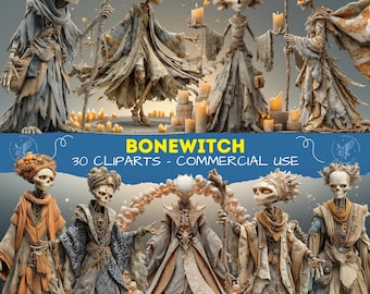 Bone Witch Clipart: Mixed Media PNG Images for Commercial Use - Images for Scrapbooking (Digital Download) - Halloween Clipart