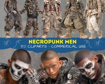 Necropunk Men Clipart Set, Realistic Dark Punk Male Characters, Skull Bone Aesthetic PNG Collection, Scrapbooking Skull Cliparts 300 dpi