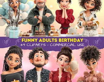 Adults Birthday Clipart, Adults Party PNG, Humorous Birthday Cliparts for Scrapbooking, Cards, Stickers