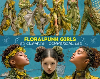 Florpunk Girls Clipart Bundle, Punk Flower Girls, Botanical Cyber Fantasy Characters, PNG Digital Art, Printable Realistic Scrapbooking