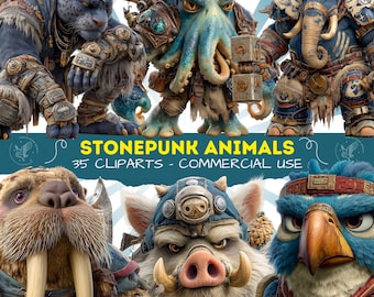 Funny Stonepunk Animal Cliparts - Anthropomorphic Creatures Decor – Cartoon PNG Images for Scrapbooking (Digital Download) - 300DPI