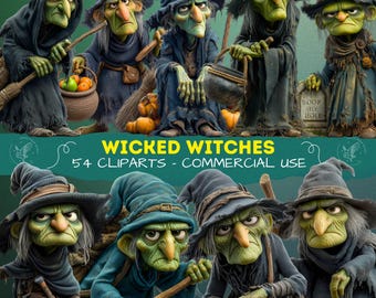 Wicked Witch Clipart Set, Dark & Magical Female Witch Illustrations for Halloween, Wicked Witch PNG Set with Spells, Hats, Brooms