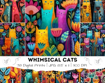 78 Whimsical Cats Art Prints, Fantasy Folk Feline Decor, Pop Cats Art Print, Retro Fantasy Feline, 300DPI Junk Journal Art
