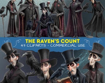 Pacchetto di clipart del Conte Corvo, Corvo Gotico PNG, Clipart Dark Fantasy, Grafica Fantasy Macabra, Clip Art di Halloween, Scrapbooking