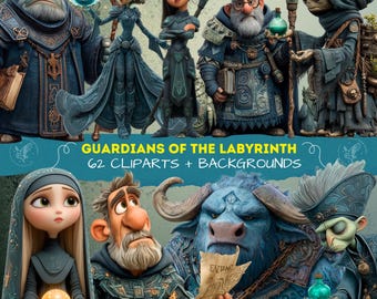 Fantasy Labyrinth Clipart Set, Guardians of the Labyrinth PNG, Fantasy Adventure Images for Scrapbooking, Junk Journal, Mythical Creatures