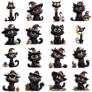 May include: A collection of sixteen digital illustrations featuring black cats in various poses, many wearing orange and black witch hats. The cats are depicted with large expressive eyes, some accompanied by skulls, pumpkins, candles, or lanterns.