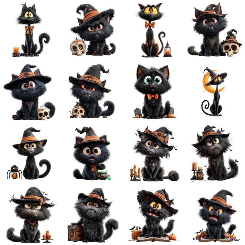 May include: A collection of sixteen digital illustrations featuring black cats in various poses, many wearing orange and black witch hats. The cats are depicted with large expressive eyes, some accompanied by skulls, pumpkins, candles, or lanterns.