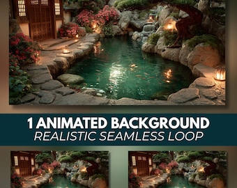 Animated Background Zen Garden, Lanterns, Water Ripples, Seamless Looping Video, Full HD Twitch Stream Zoom Vtuber Background, MP4