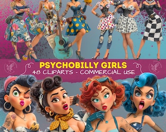 Psychobilly Girls Clipart, Edgy Retro Punk Women PNG Set for Planners, Scrapbooks, Punk Glam Women, Junk Journal High Quality Images