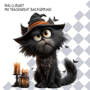 May include: A fluffy black cat wearing a pointed witch hat with an orange band, featuring large yellow eyes. Beside the cat are two lit candles and a small lantern. Small black bats fly around the cat. Text reads PNG CLIPART ON TRASPARENT BACKGROUND.