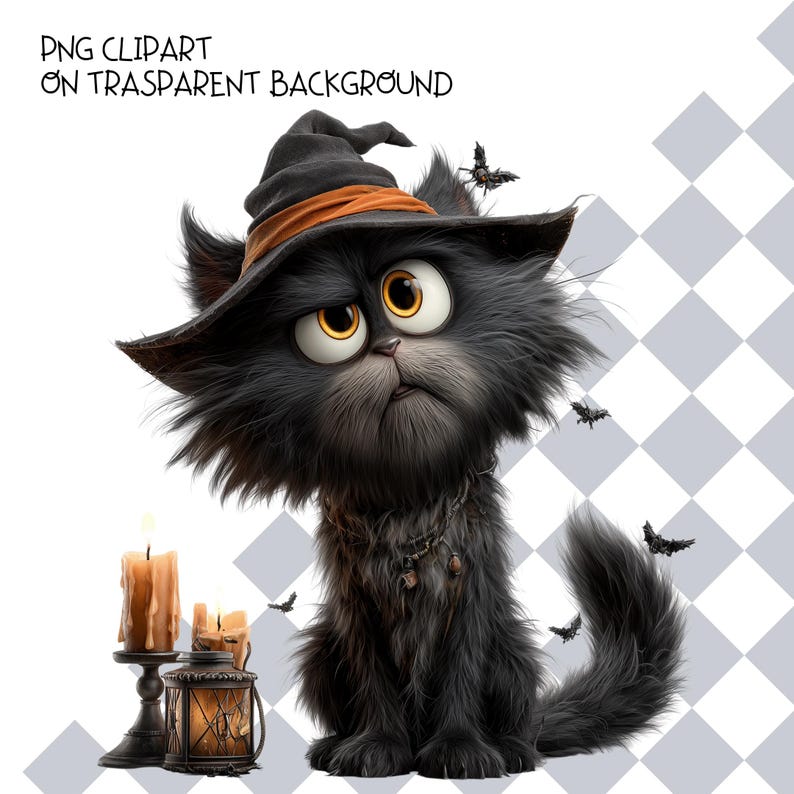May include: A fluffy black cat wearing a pointed witch hat with an orange band, featuring large yellow eyes. Beside the cat are two lit candles and a small lantern. Small black bats fly around the cat. Text reads PNG CLIPART ON TRASPARENT BACKGROUND.
