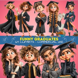 Op de afbeelding: Digitale illustratie van acht cartoon afgestudeerden in zwarte afstudeerjurken en -petten. De afbeelding bevat de tekst "FUNNY GRADUATES" en "69 CLIPARTS - COMMERCIAL USE" op een roze achtergrond.