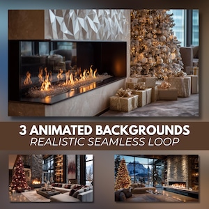 May include: A modern fireplace with a long, linear flame is the focal point, set against a textured wall. A decorated Christmas tree and wrapped gifts are in the background. The image includes the text: "3 Animated Backgrounds Realistic Seamless Loop."
