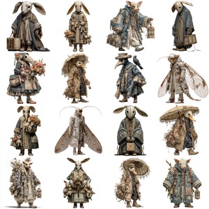 May include: A collection of whimsical, anthropomorphic figures, each with unique animal heads and vintage clothing. The characters include a rabbit, pig, moth, and bird, dressed in coats, dresses, and carrying props like umbrellas and lanterns. The color palette is muted with earthy tones.