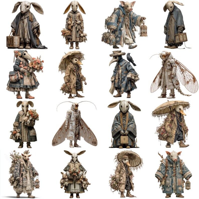 May include: A collection of whimsical, anthropomorphic figures, each with unique animal heads and vintage clothing. The characters include a rabbit, pig, moth, and bird, dressed in coats, dresses, and carrying props like umbrellas and lanterns. The color palette is muted with earthy tones.