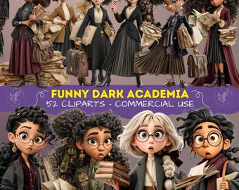 Divertente clipart di ragazze dark academia, PNG vintage gotico, estetica da libri, diario di ritagli stampabile, scuola gotica, scrapbooking