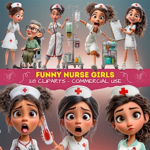 May include: A collection of cartoon nurse clip art images. The nurses are depicted in various poses, wearing white uniforms with red crosses on their hats and outfits. The text "FUNNY NURSE GIRLS" is displayed in the image.