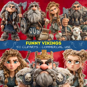 Op de afbeelding: Een verzameling cartoon Viking-personages met verschillende uitdrukkingen en accessoires, waaronder bijlen, schilden en een kleine geit. De afbeelding bevat de tekst "FUNNY VIKINGS - 50 CLIPARTS - COMMERCIAL USE."