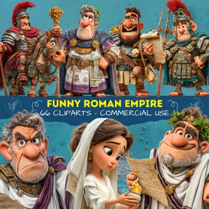 May include: A digital illustration featuring cartoon Roman Empire characters. The image includes several figures in Roman attire, with text that reads "FUNNY ROMAN EMPIRE 66 CLIPARTS - COMMERCIAL USE."